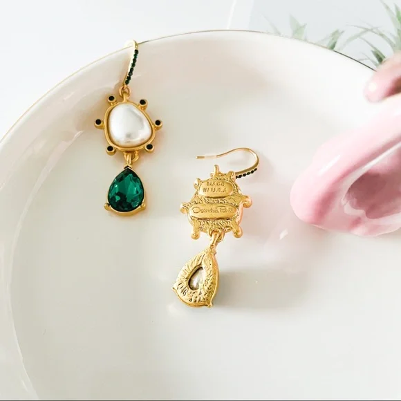 Oscar de la Renta Faux Pearl with Crystal Drop Earrings Green